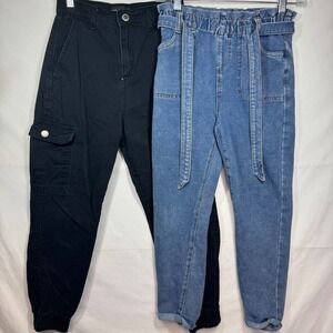 Girls 2 Pair Bundle Denim Paper Bag Waist Pants Blue Jeans Epic Thread Kids Sz M